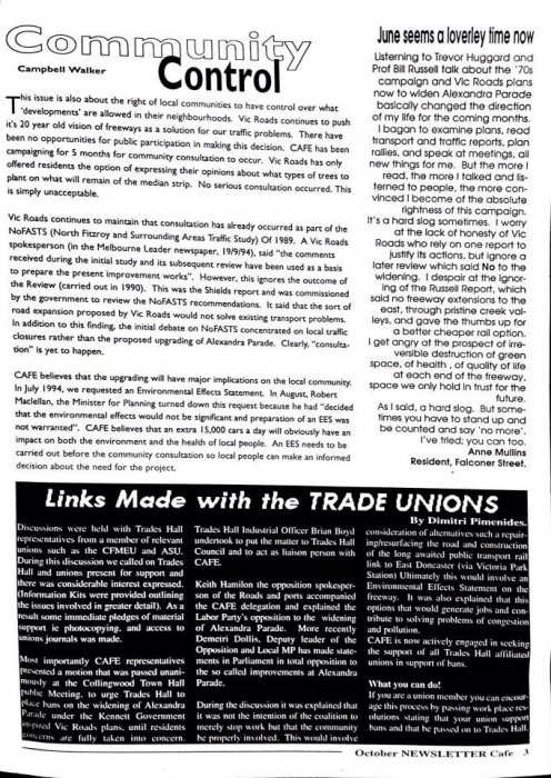 Campaign Against Freeway Extension (CAFE) newsletters from 1994/1995