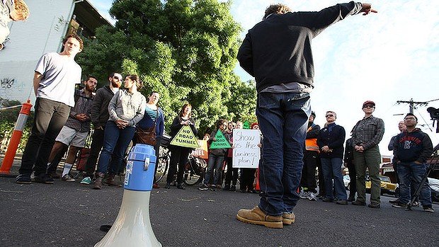 The Age: Protesters gather in Clifton Hill to protest against plans for the east-west link. Photo: Angela Wylie