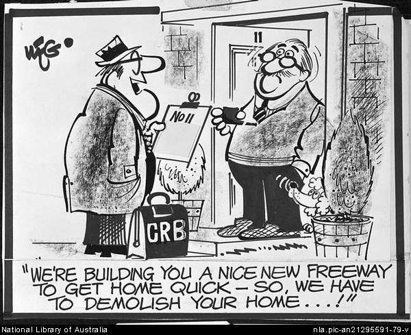 Image: Classic WEG cartoon from 1970s about home acquisitions for freeways. Source: National Archives of Australia.