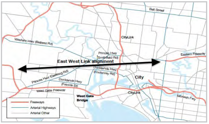 Figure 1: Proposed alignment for Melbourne’s East West Link, showing its relationship with other key Melbourne roads and the city centre. (Source: Victorian Government (Eddington, 2008), annotations by author.)