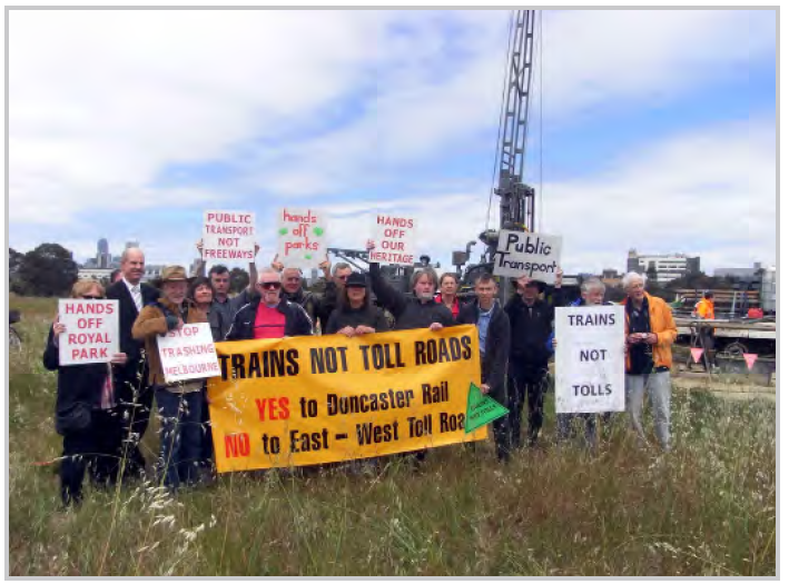Figure 8: Local community group protests against drill core sampling for East West Link in Royal Park in 2012. (Photo: Protectors of Public Lands.)