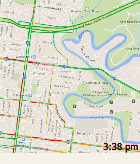 Screen grabs of Google Traffic taken throughout the afternoon peak to look for congestion on Hoddle Street Q-loop on-ramp to Eastern Freeway.